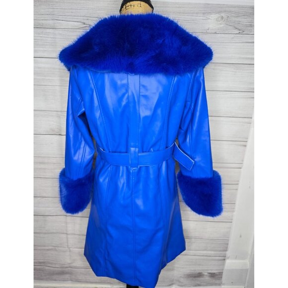 Y2K Does 70s Bright Blue Faux Leather Penny Lane Coat Belted - Picture 3 of 16